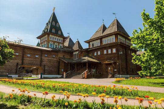 The wooden palace of the russian tsar Alexei Mikhailovich in Kolomenskoye on a summer day. Moscow, Russia