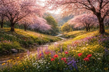 Fototapeta premium Spring landscape bursting with colorful wildflowers and blossoming cherry trees in a quiet natural location