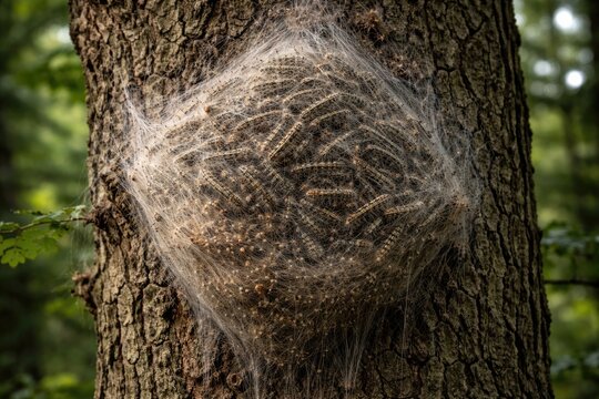 Tree trunk showing hazardous oak processionary nest covered with stinging caterpillar hairs