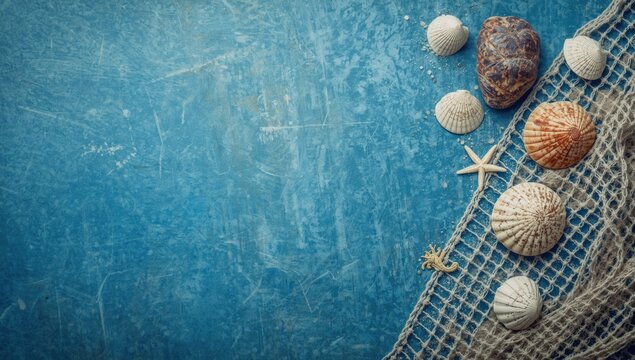 Rustic Blue Background with Seashells and Fishing Net Coastal Theme, Top View, Soft Textures