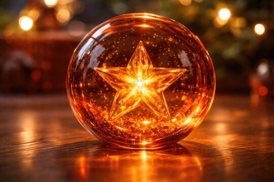 Playful orange glass orb decoration highlighted by an internal star figure