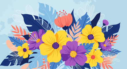 Obraz premium Vibrant Flat Vector Floral Illustration with Colorful Blooms