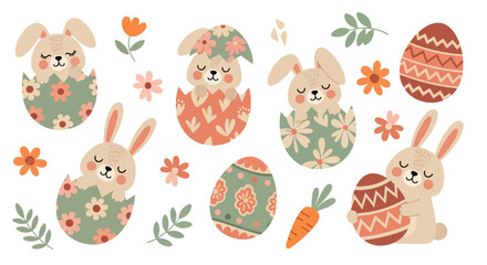 Fototapeta premium Cute Easter Bunny and Egg Vector Illustration Set