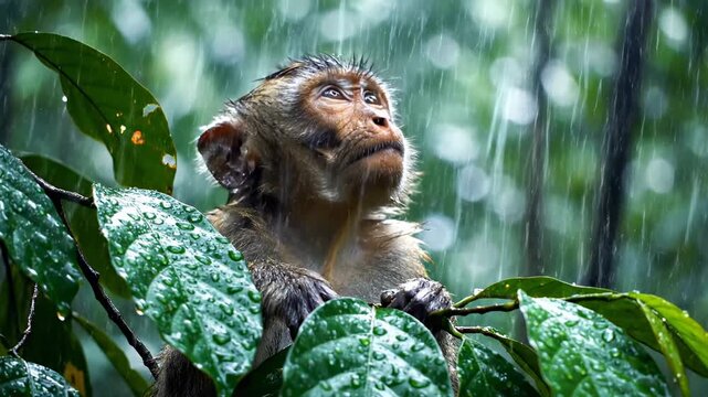 A young macaque monkey sits among lush green leaves during a heavy tropical rain in the jungle.
