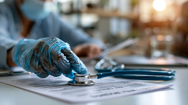 Close up of a gloved hand gently placing a bright stethoscope on a printed health insurance document at a clean desk the stethoscope's head resting precisely over the key terms