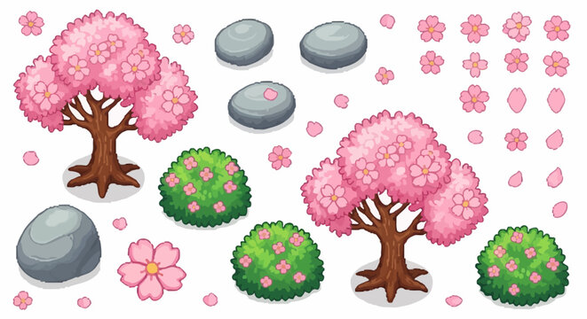 Pixel Art Sakura Tree and Garden Assets for Game Development