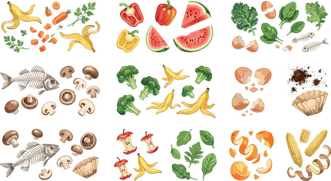 Hand drawn watercolor vector set of fresh food ingredients, vegetable scraps, fruit peels, fish bones, and organic kitchen waste for composting concepts.