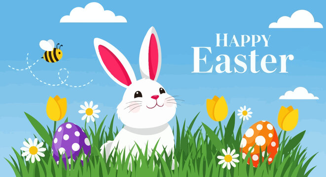 Happy Easter greeting card with cute white bunny and colorful eggs