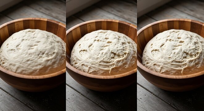 Fresh yeast bread dough rising in a wooden bowl on a rustic kitchen table