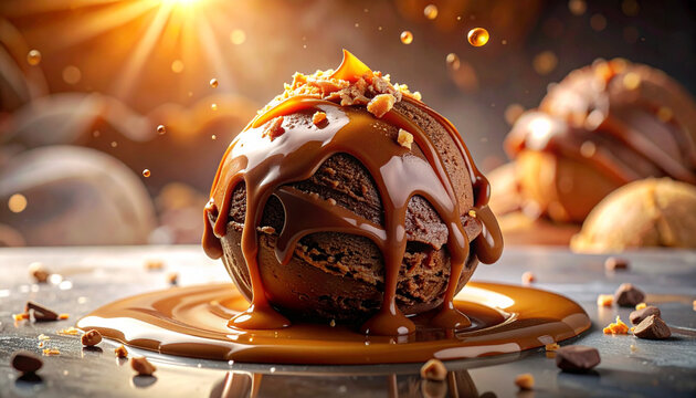 Chocolate ice cream and chocolate cake with nuts on a plate