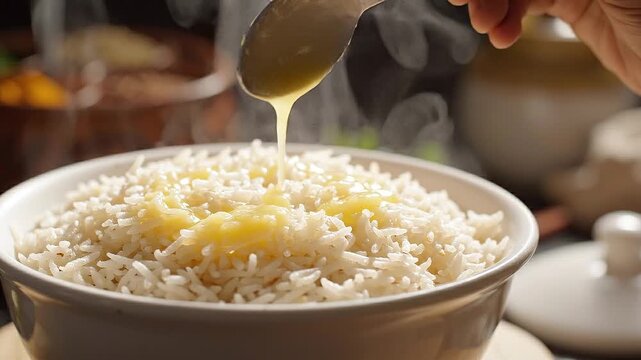 Closeup of a hand pouring golden ghee from a spoon onto a steaming bowl of fluffy white basmati rice