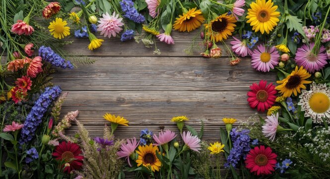 A vibrant midsummer wildflower crown displayed on rustic wooden background with ample copy space