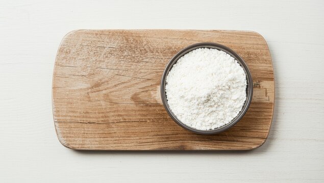 Bowl containing tapioca starch powder resting on a weathered wooden board