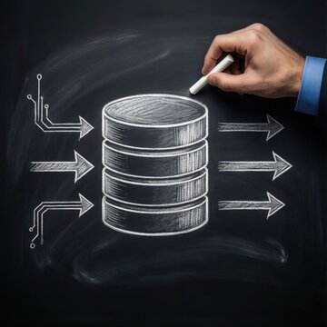 Minimalist database diagram in white chalk on a black chalkboard, with inbound and outbound arrows and a hand finishing the drawing.

