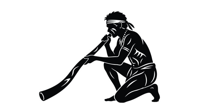 Traditional indigenous person playing didgeridoo instrument black and white vector silhouette isolated on white background