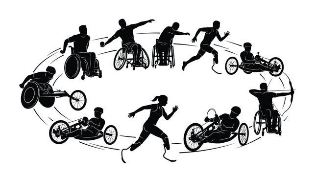 Dynamic adaptive sports illustration featuring Paralympic athletes in wheelchairs and racing wheelchairs with running isolated on white background