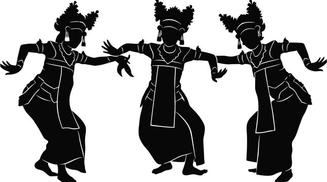 Graceful traditional dancers silhouette trio in dynamic pose isolated on white background