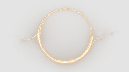 Golden circle with lightning effect isolated on transparent background, showing an energetic design for use in various projects, light overlay, PNG © denzelll