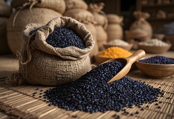 Obraz premium Dried blueberries in burlap sack and wooden spoon on rustic table