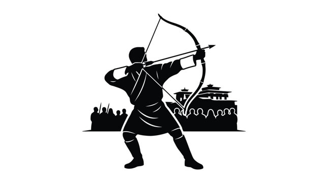 Black silhouette warrior holding bow and arrow in dynamic action pose isolated on white background