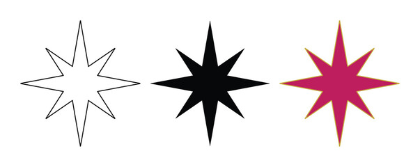 Obraz premium Minimalist star icons set, black and pink eight point starburst vectors, geometric sparkle elements for graphic design and branding