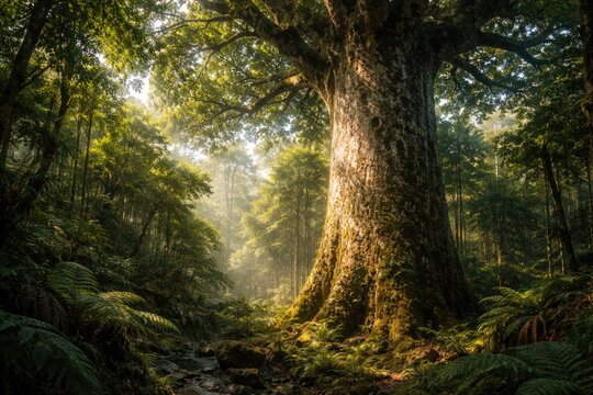 Vibrant forest scene featuring massive Kauri trunk and canopy
