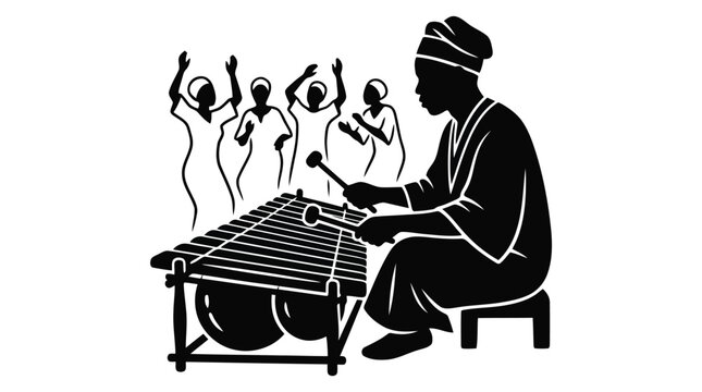 Traditional african musician playing marimba xylophone with dancing silhouette figures black and white illustration isolated on white background