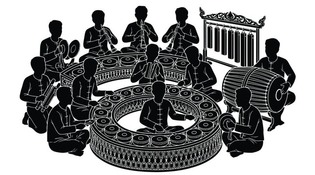 Traditional cultural group music performance with drum circle and temple background black and white illustration isolated on white background
