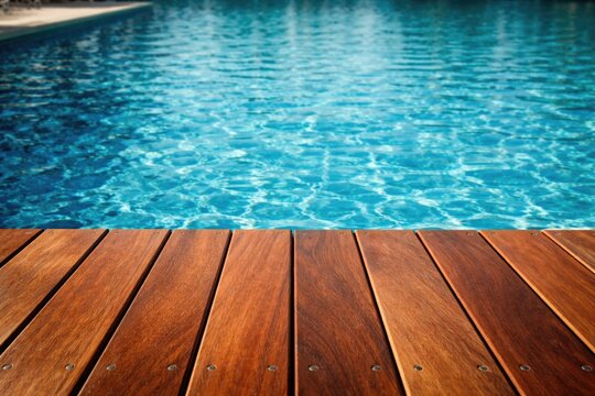 Up close image of Ipe hardwood pool deck with clear blue water backdrop and ample copy space