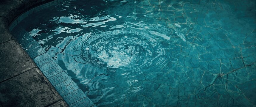 Abandoned Pool with Cracked Tiles and Water Ripples Close-Up, Moody Atmosphere