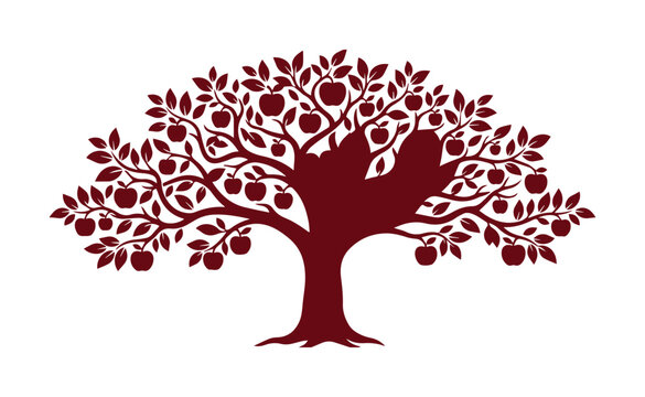 Burgundy apple tree vector silhouette, stylized fruit tree with leaves and branches, maroon orchard plant icon for organic food branding and cider labels