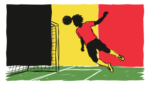 Soccer player scoring header goal with Belgian flag colors background sketch illustration