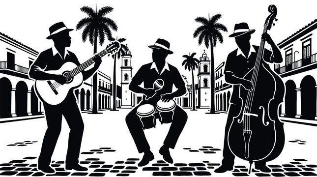 Vintage black and white street musicians playing guitar, bongo drums and cello silhouette illustration isolated on white background