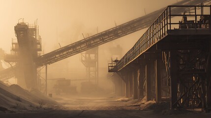Obraz premium Industrial mining site with heavy dust and conveyor belts at sunset.