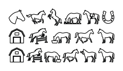 Minimalist horse icon set, 17 equestrian line art vector elements, black outline horse silhouettes and barn symbols for ranch branding © Farah-Studio