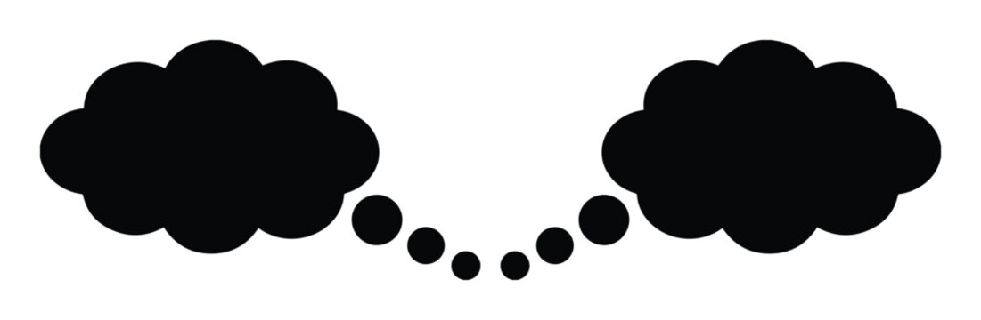 Minimalist thought bubble vector, black cloud speech bubbles connected by dots, simple comic dialogue balloon silhouettes for communication design