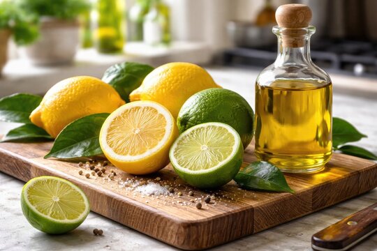 Bright lemon and lime fruits next to olive oil bottle on kitchen chopping board