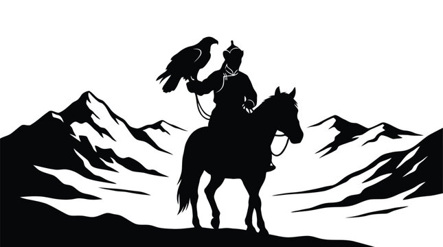 Silhouette of warrior riding horse with eagle silhouette on mountain landscape black vector design isolated on white background