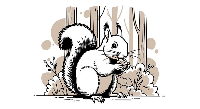 A woodland squirrel with bushy tail holds a nut, amidst trees and foliage