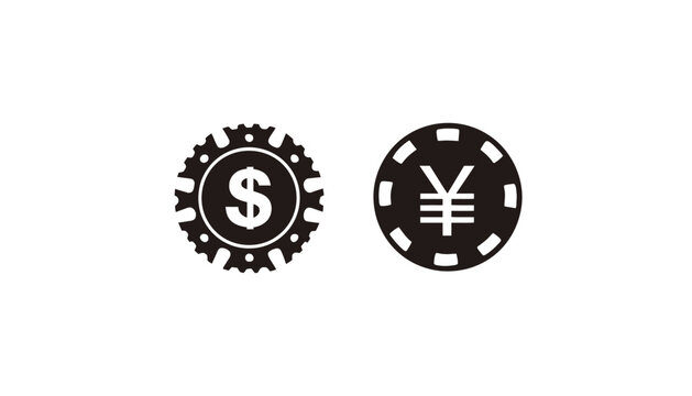 ドルと円の通貨記号が描かれたカジノチップのアイコン、白背景に分離されたビジネスと金融のシンボル。