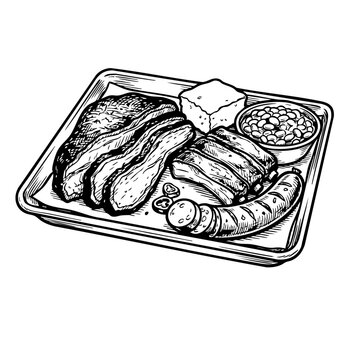 A hand-drawn black and white illustration of a Texas BBQ platter with smoked brisket, pork ribs, sausage, cornbread, and baked beans.