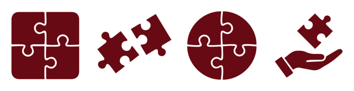 Burgundy jigsaw puzzle icon set, dark red interlocking puzzle pieces in square and circle shapes, business collaboration and problem solving vector graphics