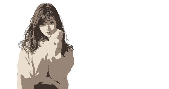 A young woman with long wavy brown hair, wearing a beige sweater, poses thoughtfully with her hand on her chin against a clean white background, rendered in a modern digital illustration style.
