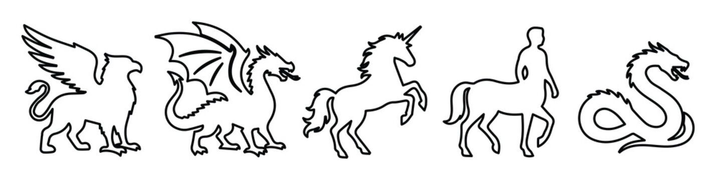 Mythological creatures line art set, 5 fantasy beast icons including dragon and unicorn, minimalist mythical animal vector outlines for logos