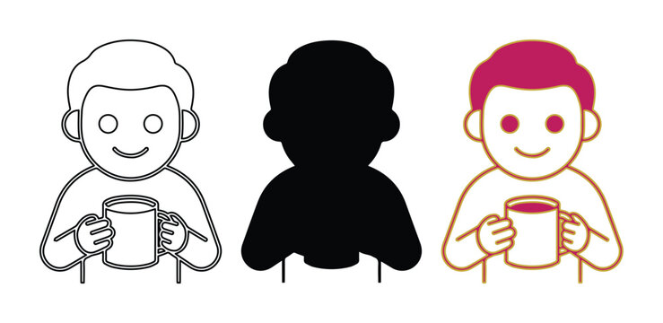 Minimalist man drinking coffee icon set, flat vector illustration of person holding a mug, simple line art and silhouette character avatars