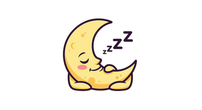 Vector illustration of a cute kawaii crescent moon character sleeping with a peaceful expression and rosy cheeks, isolated on white for nursery and baby shower graphic design projects.