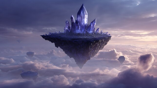 Fantasy floating island with glowing purple crystal structures in the sky.