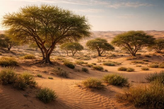 Sandy dune environment hosting drought tolerant Ghaf trees aiding desert recovery
