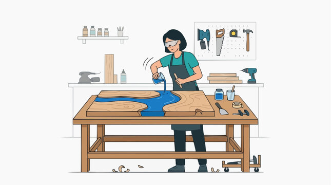 Woodworker pouring blue resin into a wooden table to create a river effect