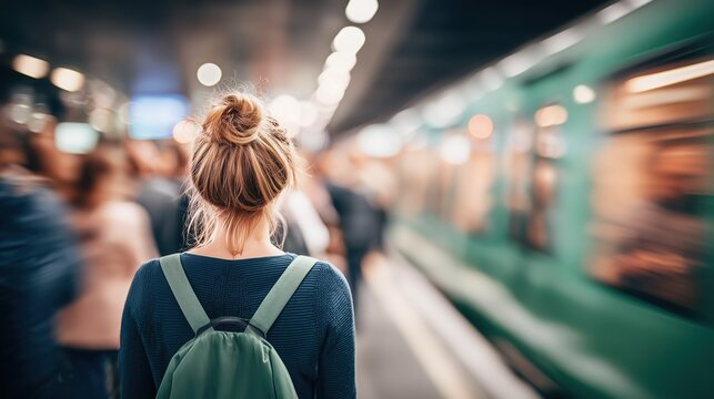 A woman standing in a crowded subway station. The theme of emotional loneliness.